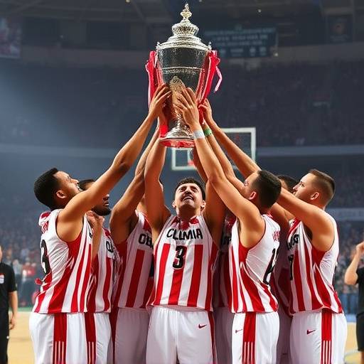 Giocatori dell'Olimpia Milano alzano il trofeo del campionato