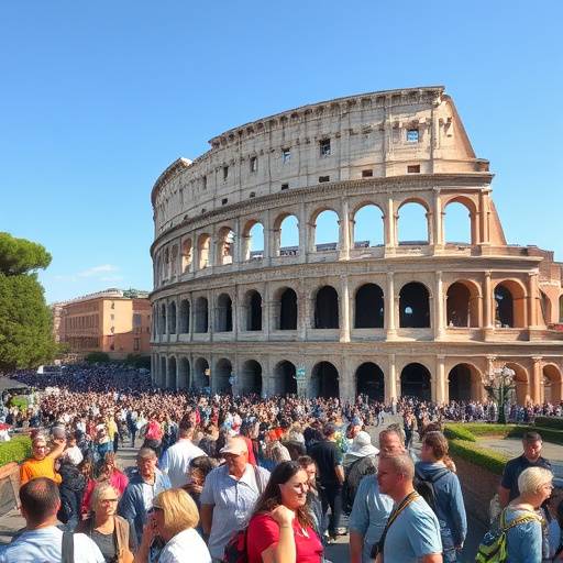 Una folla di turisti davanti al Colosseo a Roma