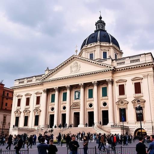 Veduta del Palazzo dei Congressi a Roma durante un vertice internazionale.